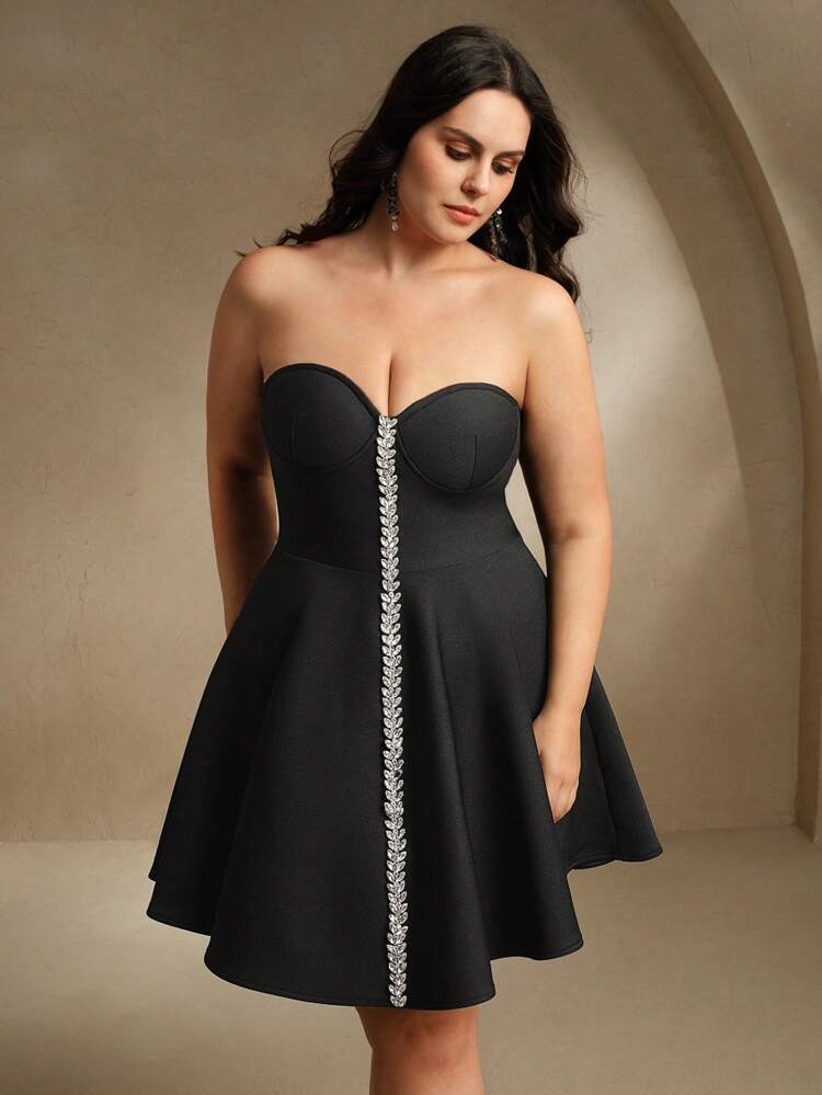 Frühlings- und Sommersaison elegantes business-lässiges, bescheidenes Damen Übergrössen Hochzeitsgast Kleid mit funkelndem Strass-Dekor, hochgeschnittene A-Linie Silhouette, graziler Göttin-Stil für Party und Bankette