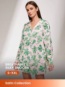LUVLETTE Silky Satin Green Floral Print Button-Up Top & Shorts Loungewear Airy Women Pajama Set Pants With Pockets Lounge Sets For Women Lingerie