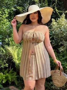 SHEIN SXY Plus Size Women Sexy Openwork Texture Fringe Knitted Tube Top And Mini Skirt 2 Pieces Set, Spring/Summer, Suitable For Early Spring, Spring And Summer, Rainforest, Beach Party, Seaside Vacation, Bonfire Party, Cool And Light, Slim Fit, Comfortable To Wear, Easy To Match&Looks Slim, Accent Your Body, Flatter The Figure