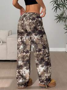 Flirla Women's Tie-Dye Printed Drawstring Waist Wide Leg Loose Pants Fall Cloth For Women - Army Green - View 2