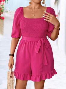 SHEIN Clasi Plus Size Boho Fashionable Casual Cinched Waist Solid Color Romper, For Spring/Summer - Red - View 5
