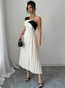 Elenzga Asymmetric Shoulder Pleated Color-Block Midi Dress, Unique Design - Apricot - View 5