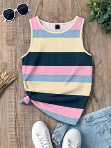SHEIN LUNE Casual Stitching Striped Pattern Round Neck Women's Tank Top Suitable For Spring And Summer - Multicolor - View 6