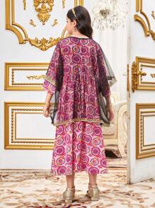 Tween 女童复古印花宽松连衣裙（配网眼罩衫）2 件套