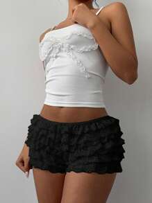 Aloruh Women's Music Festival Stylish Contrast Color Lace Trim Netted Multilayer Ruffle Hem Super Short Shorts, Spring/Summer - Black - View 9