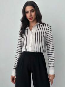 SHEIN Privé Ladies Spring Summer Elegant Romantic Fashion Commuter Sexy Fashion Office Black And White Striped Long Sleeve Shirt, Vacation Wear, Romantic Dating And Wedding Birthday Women's Clothing, Easter - Black and White - View 2