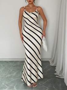 Chiquease 女式超长优雅杏色条纹休闲/工作合身吊带连衣裙
