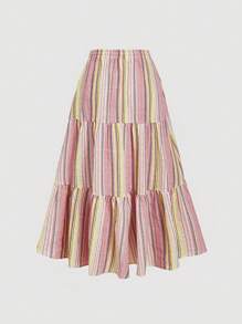 SHEIN MOD Plus Size Pink Striped Women Skirt, A-Line, Beach Vacation