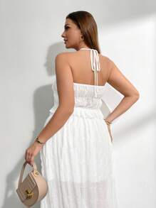 Firerie Set de 2 piezas para talla grande: Top de camiseta sin mangas de tela texturizada blanca y transparente con tirantes y falda larga holgada con opción de lazo y forro interior, elegante y apropiado para vacaciones, tardes de té, citas, conciertos, fiestas, estilo retro escolar, sesiones de fotos en la playa.