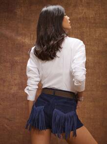 WESTFADE Mid Rise Western Faux Suede Fringe Back Pocket Fitted Denim Festival Shorts Nashville Style - Blue - View 4