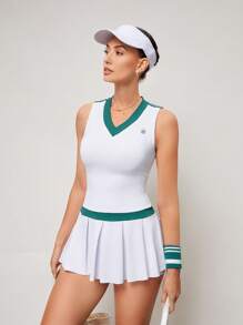Activina Vestido deportivo corto sin mangas con empalme en contraste para mujer - Blanco - Ver 1