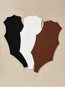 SHEIN PETITE 3pcs/Set Casual Minimalist Sleeveless Bodysuit, Multicolor - Multicolor - View 3
