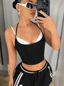 SHEIN ICON Color Block Splice Sleeveless Tank Y2K Halter Sexy Black And White Going Out Top With Halter - Black and White - View 5