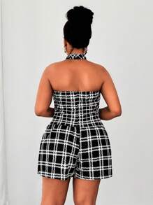 Maweii 大码女式经典黑白格纹吊带纽扣背心和迷你裙两件套
