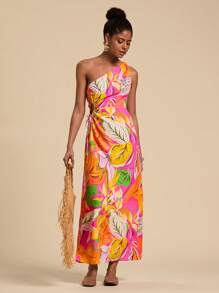 Travachic 1 pieza Vestido casual con estampado tropical con hombros descubiertos, simple y elegante para uso diario - Multicolor - Ver 3