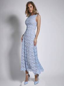 COSMINA 优雅女士蓝色蕾丝无袖中长连衣裙，适合春夏季