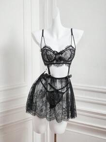 Seduluxe Set de 2 piezas de sujetador acolchado con encaje de pestañas sexy y mini vestido para mujer