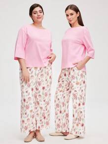 LUVLETTE Conjunto de ropa de dormir para mujer con top de cuello de barco de algodón suave color rosa y pantalones estampados con flores, pantalones con bolsillos. Ropa de salir como ropa interior y conjuntos de salón.