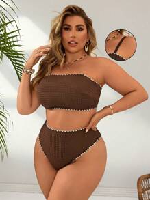 Swim Vcay 2pcs/Set Bikini Segitiga Pinggang Tinggi Wanita Ukuran Plus Warna Polos dengan Tali Bahu Tipis dan Hiasan Kerang, Santai & Kasual, Untuk Liburan Pantai Musim Panas - MultiWarna - View 5