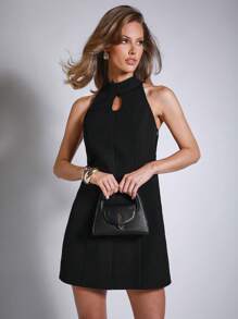 COSMINA Vestido mini de moda sin mangas con cuello de ojo de cerradura de unicolor para mujer