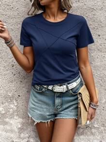SHEIN LUNE T-shirt col rond de conception fendue de couleur unie décontractée