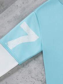 SHEIN Sudadera sencilla y casual con parches de unicolor y estampado de letras para adolescentes - Celeste - Ver 5