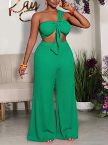 Slaydiva Spring & Summer Elegant Sexy Vacation Set: Fitted Solid Green Sleeveless Knotted Crop Top And Extra Long Wide Leg Pants, Translucent Knitted Fabric, 2pcs Plus Size Women Outfit - Z - Green - View 1