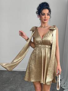 Chiquease Abito da donna monocolore con fiocco metallico e senza maniche - Dorato - Visualizzare 5