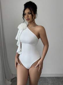 Chiquease Romantic Floral Print Bodysuit, Ruffle Trim White Elegant Bodysuit