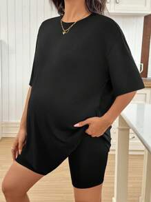 SHEIN 孕妇休闲圆领短袖蝴蝶印花 T 恤，适合日常穿着