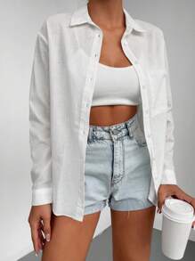 EURMUSE 100%Cotton Solid Button Front Pocket Patched Shirt - White - View 4