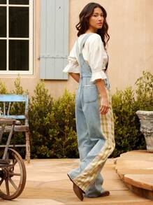 WESTFADE Mixed Media Western Woven Plaid & Denim Loose Fit Straight Leg Overall Spring Summer Beach Outfit - Medium Wash - View 3