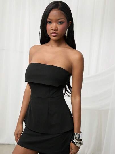 SHEIN Unity Top asimétrica informal de moda para oficina, con pliegue, sin tirantes, ideal para primavera, festival de verano, brunch, vacaciones, fiesta, crucero, cena de boda, baile de graduación, para mujer