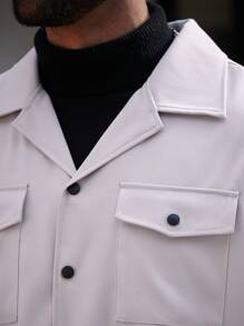 Manfinity Homme Plus Size Men's Solid Color Button Front Long Sleeve Pocket Casual Jacket & Outerwear - Light Grey - View 6