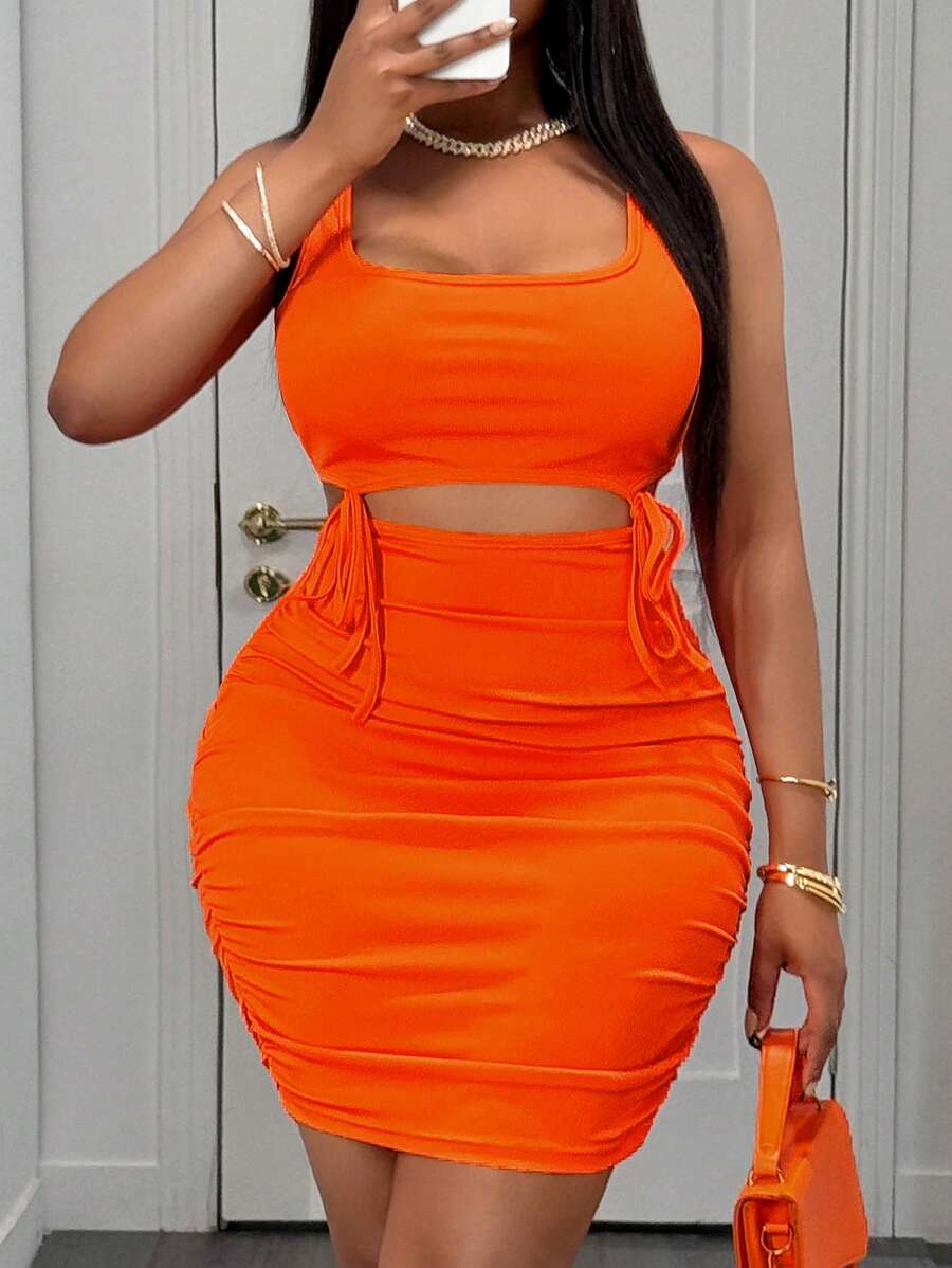 Slaydiva Váy bó sát hở vai gợi cảm mùa hè giản dị, hở vai, viền rút dây - trái cam - Xem 1