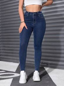 Women's Front Button Pocket Simple Casual Denim Pants - Medium Wash - View 1