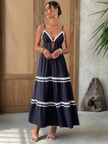 SHEIN VCAY Women's Summer Boho Vacation Holiday Black And White Colorblock Stripe Slip Backless Dress,Beach Tropical Casual Outfits,Sundress Sundresses - Black - View 4