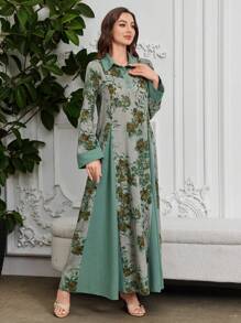 Al Najma 女式休闲双色花卉印花优雅宽松下摆开衩下摆连衣裙 - 橄欖綠 - 查看 8