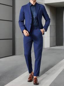 Manfinity Bizformal 男士休闲条纹夹克和裤子套装 - 藍色 - 查看 1