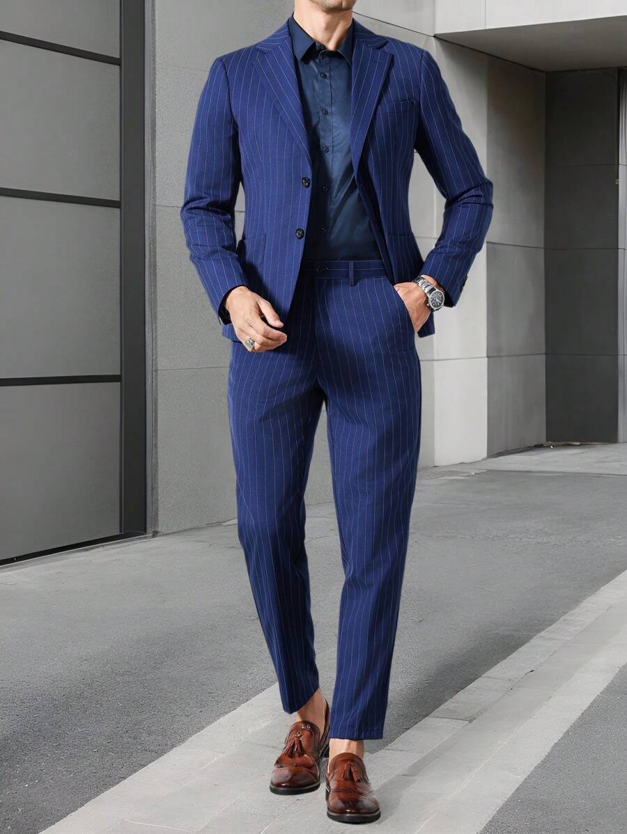 Manfinity Bizformal 男士休闲条纹夹克和裤子套装 - 藍色 - 查看 1