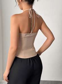 Firerie 全新优雅休闲通勤拼色修身无袖露背吊带上衣，带纽扣细节，女式，春夏 - 卡其色 - 查看 2