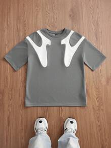 Manfinity VCAY Áo thun nam tay ngắn dệt kim thời trang rộng rãi, vá lỗi, mùa hè, đi học, đồ đôi - Xám - Xem 1