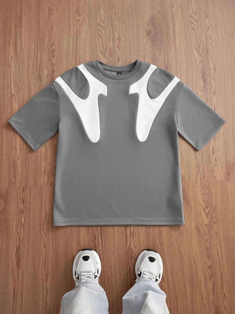 Manfinity VCAY Áo thun nam tay ngắn dệt kim thời trang rộng rãi, vá lỗi, mùa hè, đi học, đồ đôi - Xám - Xem 1