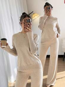 Firerie 秋冬优雅休闲燕麦色卡其色高领宽松针织毛衣直筒裤两件套 - 卡其色 - 查看 9