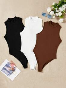 SHEIN PETITE 3pcs/Set Casual Minimalist Sleeveless Bodysuit, Multicolor - Multicolor - View 2