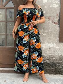 SHEIN Clasi 2pcs Plus Size Women Floral Print Ruffle Trim Ruffle Top And Casual Pants Set,Beach Outfits - Multicolor - View 1