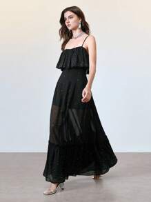 Arave Women's Casual Chiffon Dress With Spaghetti Strap, Rhinestone Detail And Ruffle Hem - Black - View 2