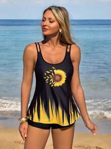 Swim Lushoire Women's Sunflower Print Bust Support Racerback Tankini Swimwear Set, For Summer Beach Vacation - Multicolor - View 1
