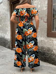 SHEIN Clasi 2pcs Plus Size Women Floral Print Ruffle Trim Ruffle Top And Casual Pants Set,Beach Outfits - Multicolor - View 2