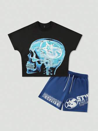 Street Life Conjunto de camiseta de manga corta y manga larga con estampado gráfico, estilo callejero vintage para hombres